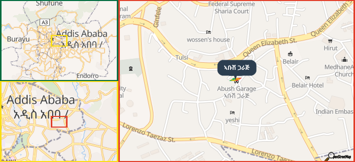 Map showing the address of ኣቡሽ ጋራጅ in three different zoom levels.