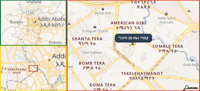 Map showing the address of ግንቦት 20 ጤና ጣቢያ in three different zoom levels.