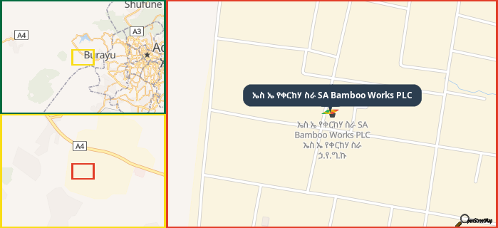 Map showing the address of ኤስ ኤ የቀርከሃ ስራ SA Bamboo Works PLC in three different zoom levels.