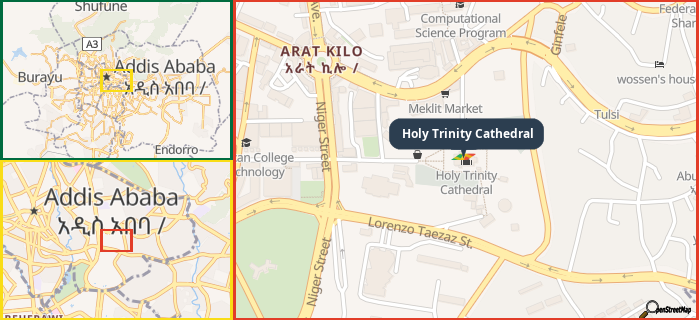 Map showing the address of Holy Trinity Cathedral in three different zoom levels.