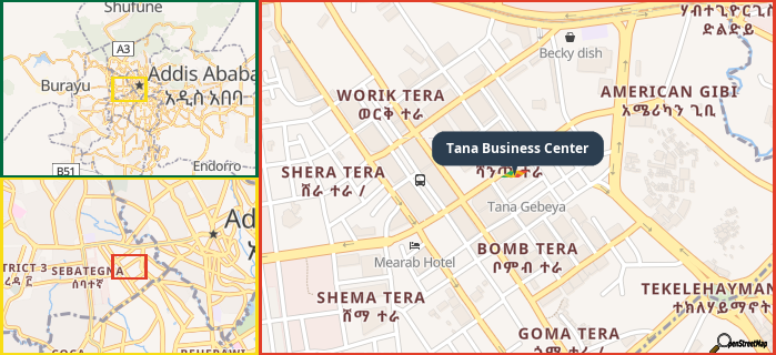 Map showing the address of Tana Business Center in three different zoom levels.