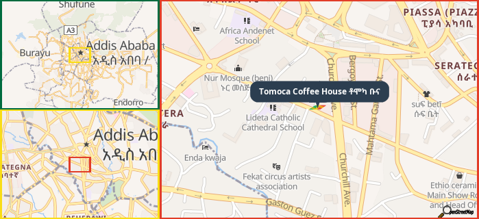 Map showing the address of Tomoca Coffee House ቶሞካ ቡና in three different zoom levels.