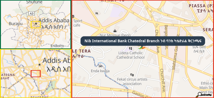 Map showing the address of Nib International Bank Chatedral Branch ንብ ባንክ ካቴድራል ቅርንጫፍ in three different zoom levels.