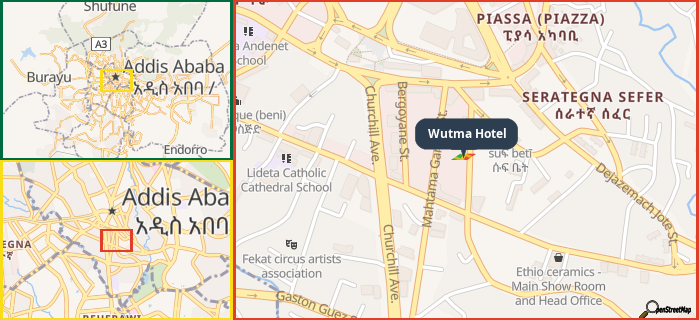 Map showing the address of Wutma Hotel in three different zoom levels.