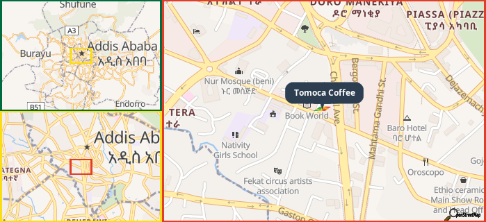 Map showing the address of Tomoca Coffee in three different zoom levels.