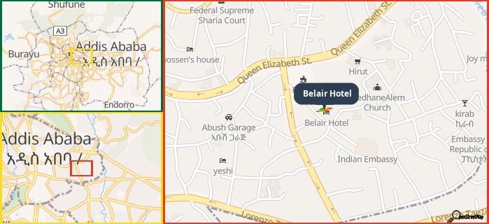 Map showing the address of Belair Hotel in three different zoom levels.