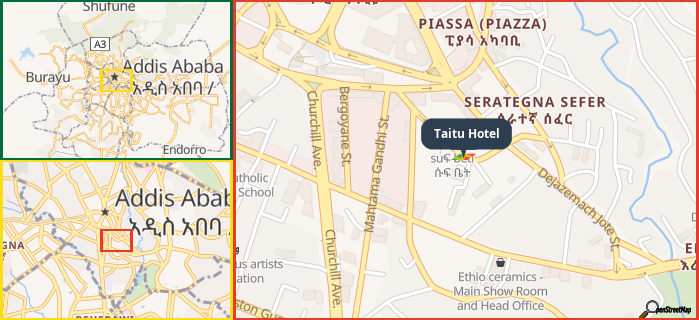 Map showing the address of Taitu Hotel in three different zoom levels.