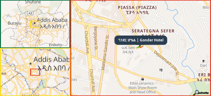 Map showing the address of ጎንደር ሆቴል | Gonder Hotel in three different zoom levels.