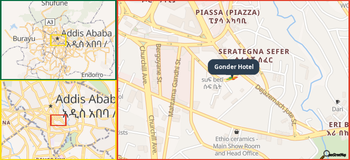 Map showing the address of Gonder Hotel in three different zoom levels.