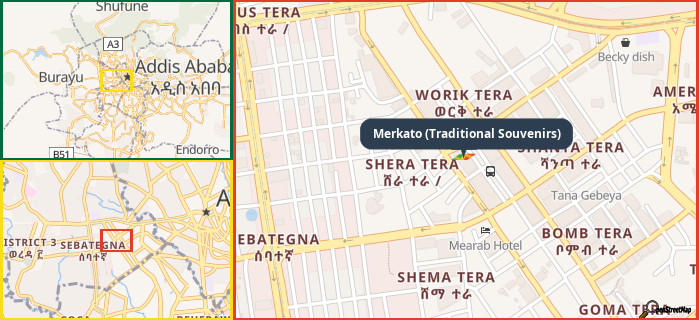 Map showing the address of Merkato (Traditional Souvenirs) in three different zoom levels.