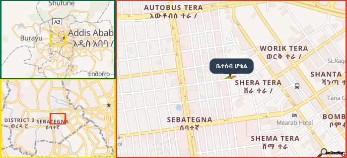 Map showing the address of ቤተሰብ ሆቴል in three different zoom levels.