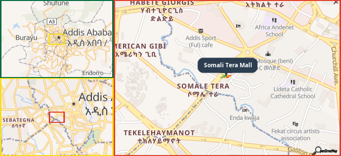 Map showing the address of Somali Tera Mall in three different zoom levels.