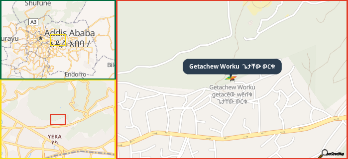 Map showing the address of Getachew Worku  ጌታቸው ወርቁ in three different zoom levels.