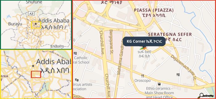 Map showing the address of KG Corner ኬጂ ኮርነር in three different zoom levels.