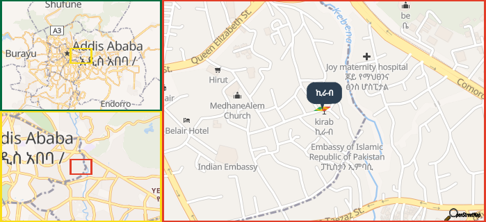 Map showing the address of ኪራብ in three different zoom levels.