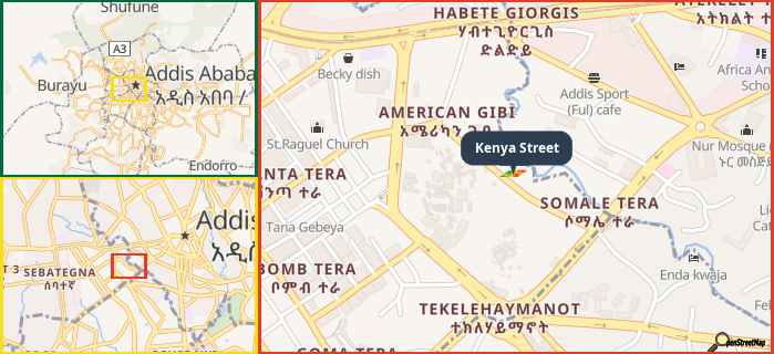 Map showing the address of Kenya Street in three different zoom levels.