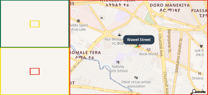 Map showing the address of Wawel Street in three different zoom levels.