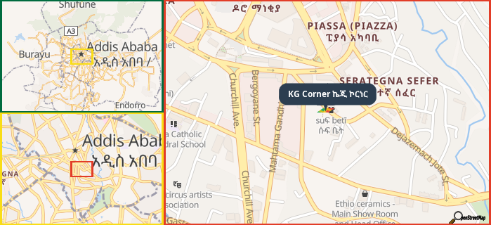 Map showing the address of KG Corner ኬጂ ኮርነር in three different zoom levels.