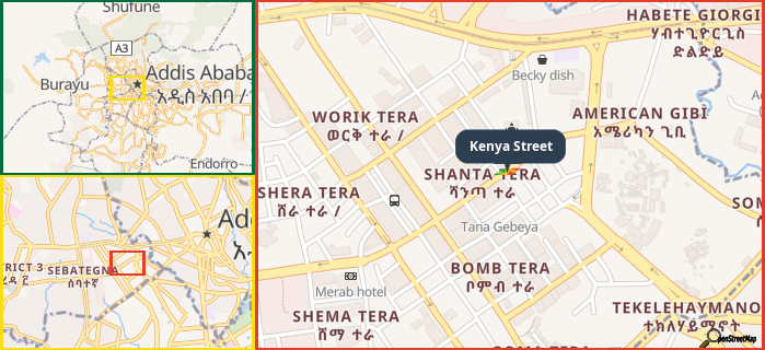 Map showing the address of Kenya Street in three different zoom levels.