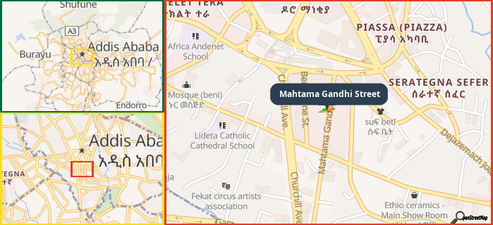 Map showing the address of Mahtama Gandhi Street in three different zoom levels.