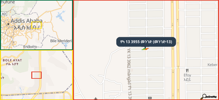 Map showing the address of የካ 13 3955 መንገድ (መንገድ፡13) in three different zoom levels.