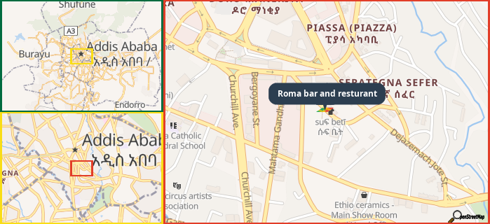 Map showing the address of Roma bar and resturant in three different zoom levels.