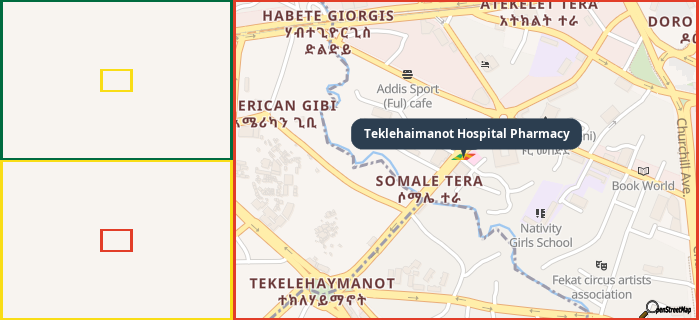 Map showing the address of Teklehaimanot Hospital Pharmacy in three different zoom levels.