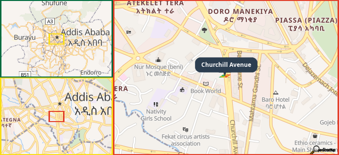 Map showing the address of Churchill Avenue in three different zoom levels.