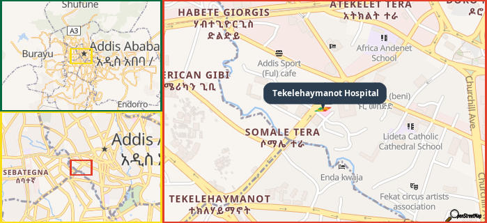 Map showing the address of Tekelehaymanot Hospital in three different zoom levels.