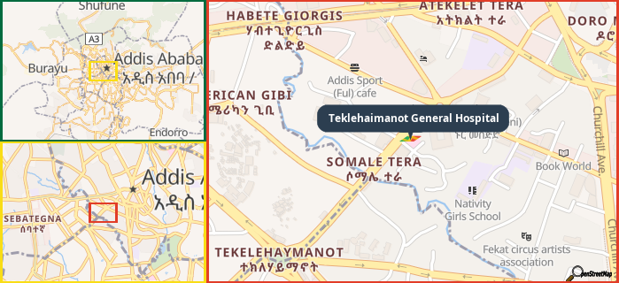 Map showing the address of Teklehaimanot General Hospital in three different zoom levels.