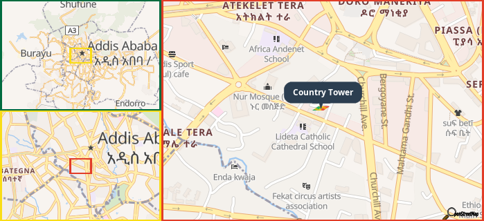 Map showing the address of Country Tower in three different zoom levels.