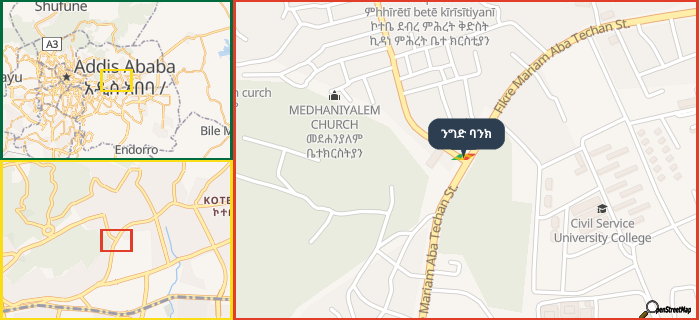 Map showing the address of ንግድ ባንክ in three different zoom levels.