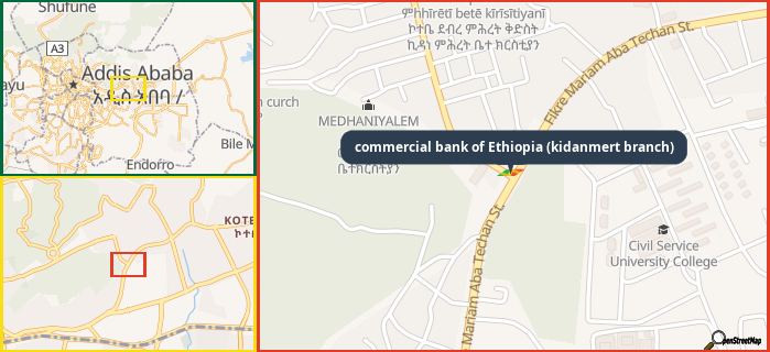 Map showing the address of commercial bank of Ethiopia (kidanmert branch) in three different zoom levels.