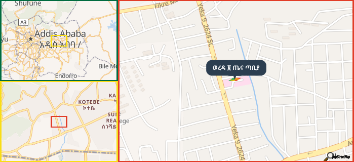 Map showing the address of ወረዳ ፱ ጤና ጣቢያ in three different zoom levels.