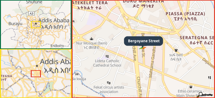 Map showing the address of Bergoyane Street in three different zoom levels.