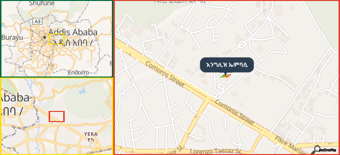 Map showing the address of እንግሊዝ ኤምባሲ in three different zoom levels.