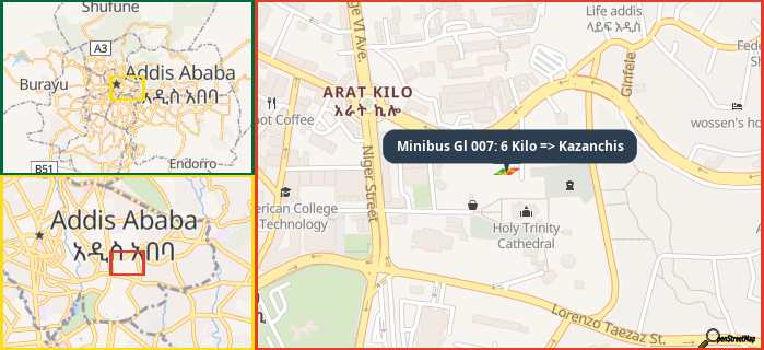 Map showing the address of Minibus Gl 007: 6 Kilo => Kazanchis in three different zoom levels.