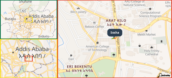 Map showing the address of Sosha in three different zoom levels.