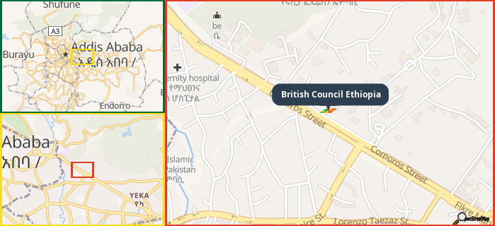Map showing the address of British Council Ethiopia in three different zoom levels.