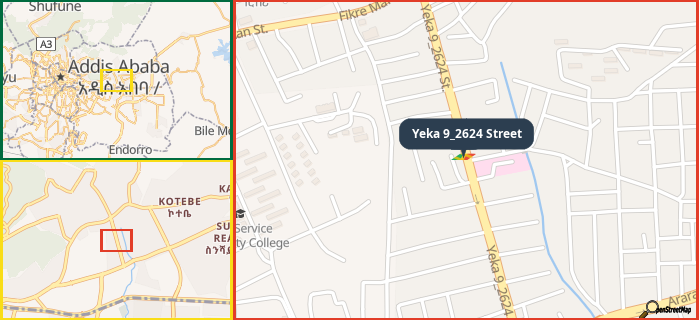 Map showing the address of Yeka 9_2624 Street in three different zoom levels.