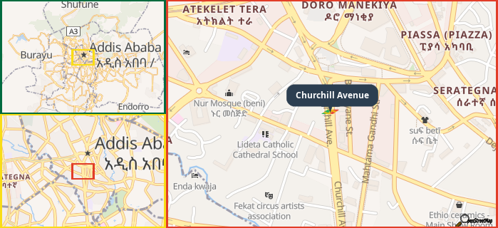 Map showing the address of Churchill Avenue in three different zoom levels.