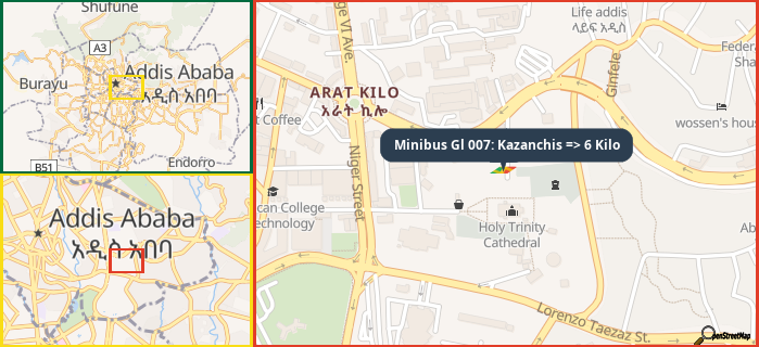 Map showing the address of Minibus Gl 007: Kazanchis => 6 Kilo in three different zoom levels.