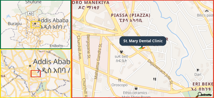 Map showing the address of St. Mary Dental Clinic in three different zoom levels.