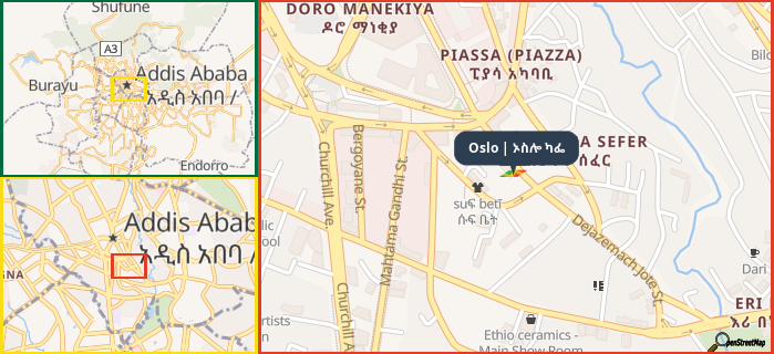 Map showing the address of Oslo | ኦስሎ ካፌ in three different zoom levels.
