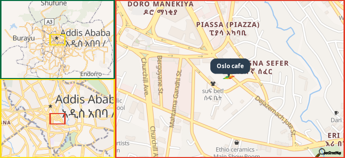 Map showing the address of Oslo cafe in three different zoom levels.