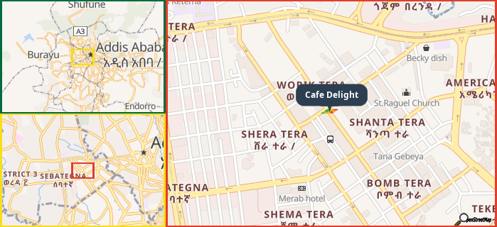 Map showing the address of Cafe Delight in three different zoom levels.