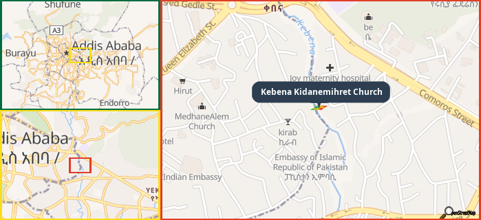 Map showing the address of Kebena Kidanemihret Church in three different zoom levels.