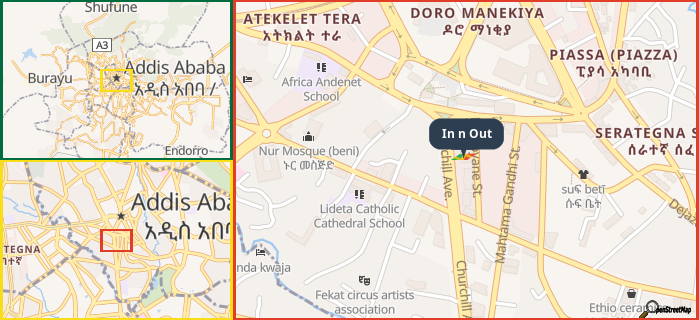 Map showing the address of In n Out in three different zoom levels.