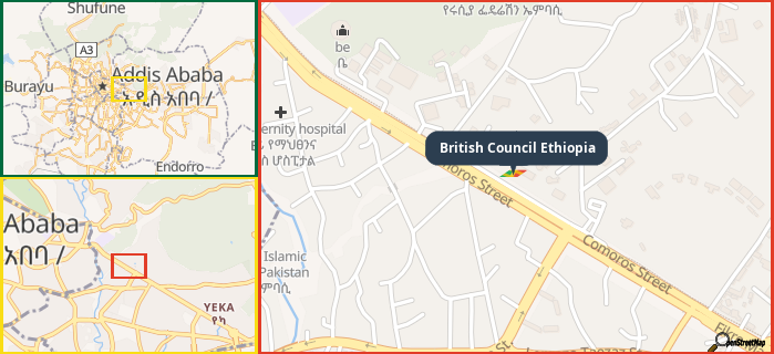 Map showing the address of British Council Ethiopia in three different zoom levels.