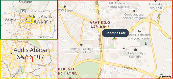 Map showing the address of Habesha Cafe in three different zoom levels.